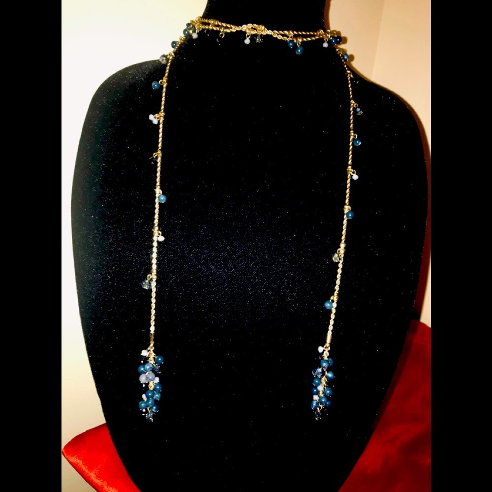 Gold Chain Wrap Necklace with Blue Bead Accents